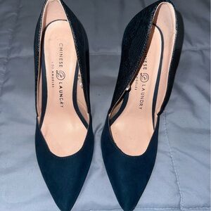 Blue Chinese laundry shoes with faux snake skin design